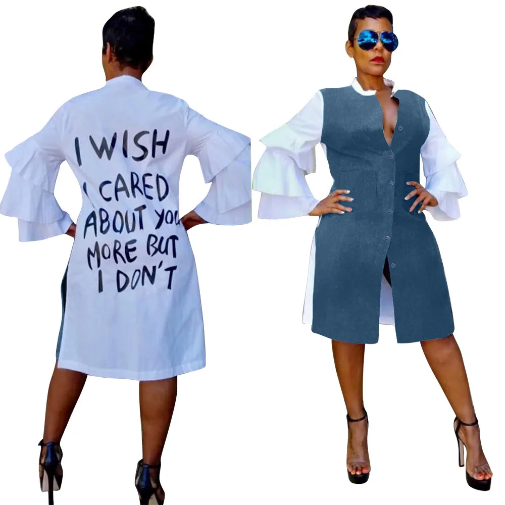 Free Shipping women stylish casual Sexy ruffled sleeve stitching letter long sleeve denim T-shirt dress, Blue
Free Shipping women stylish casual Sexy ruffled sleeve stitching letter long sleeve denim T-shirt dress, Blue