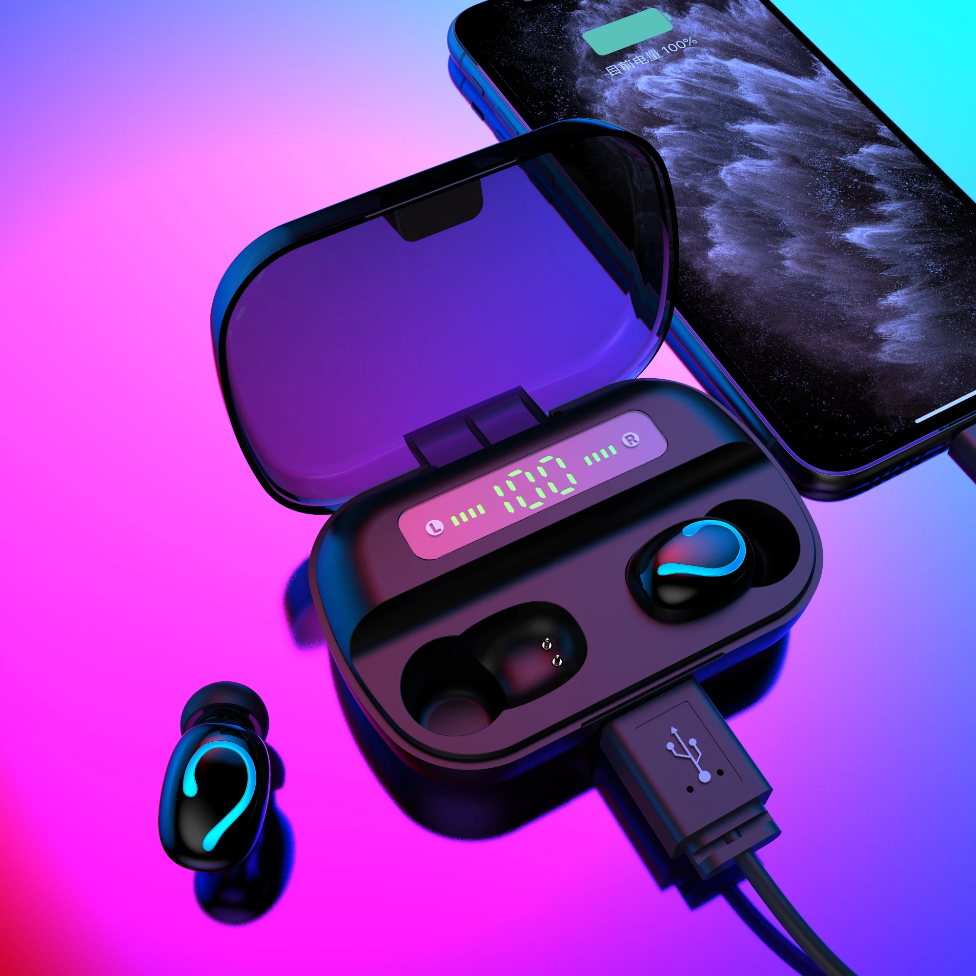 2021 Amazon Hot selling wireless earbuds wireless earphone with powerbank charging box case, Black
2021 Amazon Hot selling wireless earbuds wireless earphone with powerbank charging box case, Black