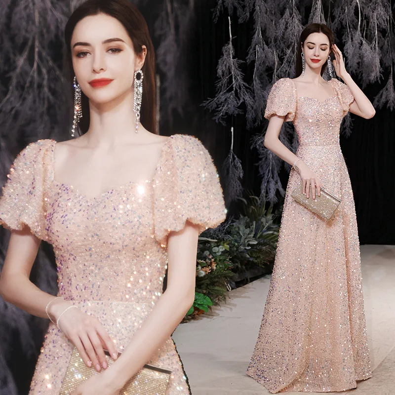 

Shiny Sequins Light Pink Prom Dresses Puff Sleeve Square Collar Backless Lace Up A-Line Celebrity Evening Bridal Gown Plus Size
