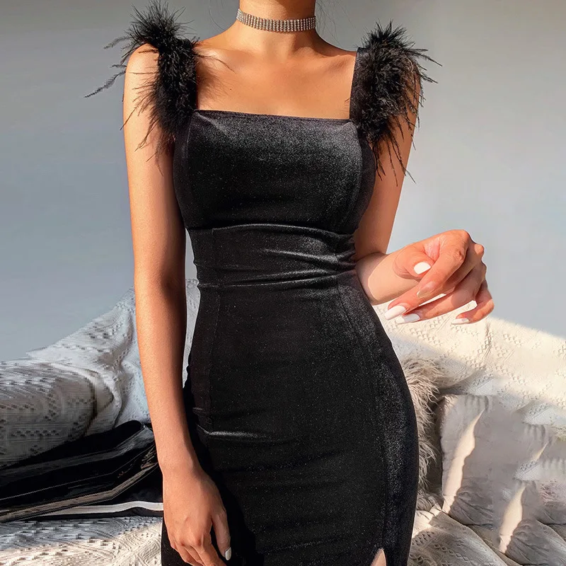 Best Selling Woman Velvet Evening Dress Fur Sleeveless Split fork With Wedding Dresses For Women, Black
Best Selling Woman Velvet Evening Dress Fur Sleeveless Split fork With Wedding Dresses For Women, Black