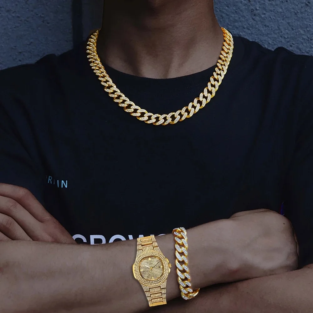 Lced Out Men Watch + Bracelet + Necklace set Hip Hop Men Watches Cuban Chain Gold Color Rhinestones Watch Men Jewelry Gifts set
Lced Out Men Watch + Bracelet + Necklace set Hip Hop Men Watches Cuban Chain Gold Color Rhinestones Watch Men Jewelry Gifts set