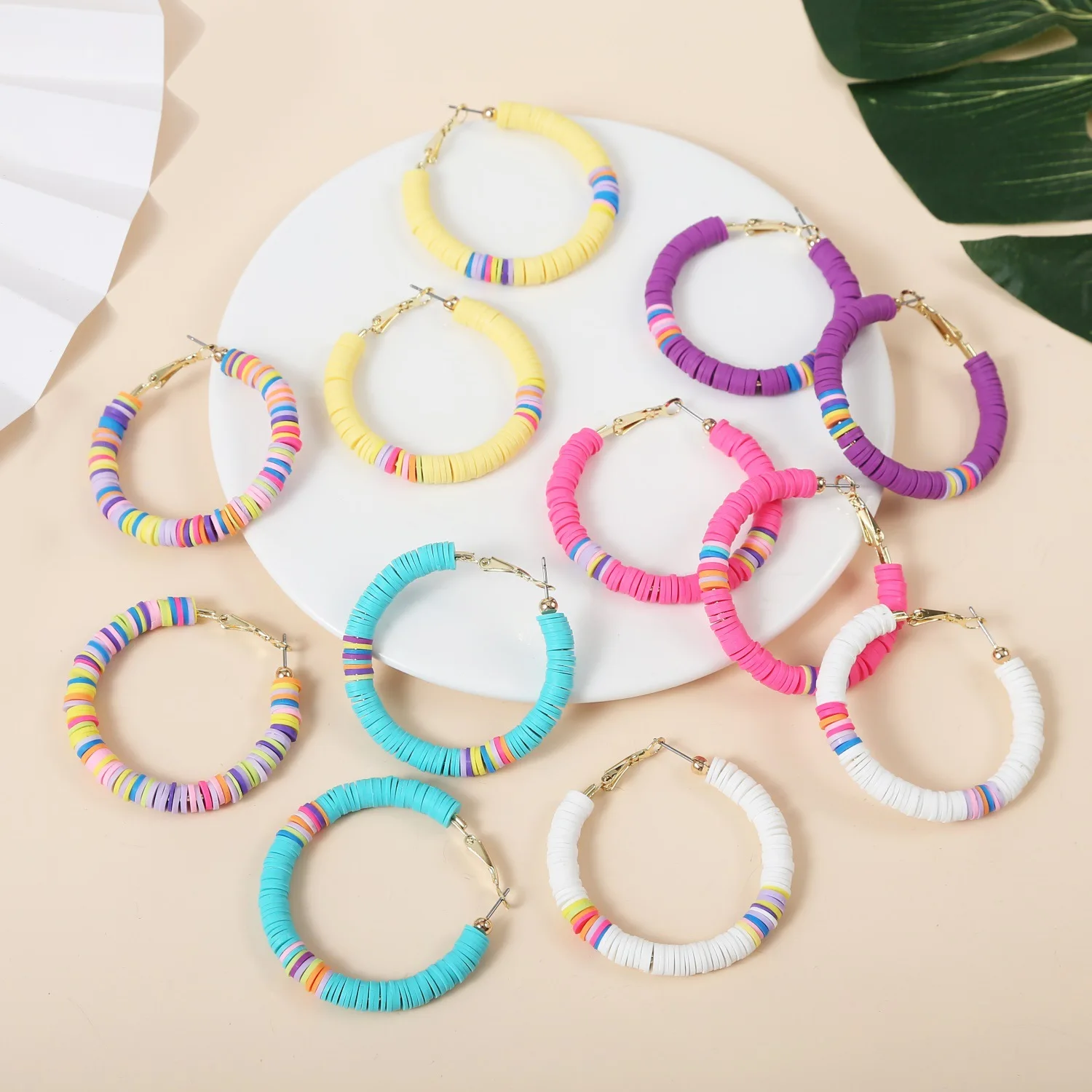 Bohemian Striped Color Polymer Clay Beaded 50mm C Shape Hoop Earrings Colorful Polymer Clay Hoop Earrings, As picture show
Bohemian Striped Color Polymer Clay Beaded 50mm C Shape Hoop Earrings Colorful Polymer Clay Hoop Earrings, As picture show