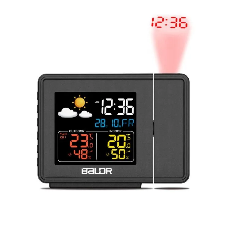 BALDR B0367 Digital Color Projection Clock Indoor Outdoor w/3 Sensors Table Clock Weather Wireless Wetterstation Projector
BALDR B0367 Digital Color Projection Clock Indoor Outdoor w/3 Sensors Table Clock Weather Wireless Wetterstation Projector