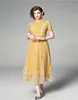 2019 European short sleeve yellow grey lace midi dress women A line empire slimming summer party dress