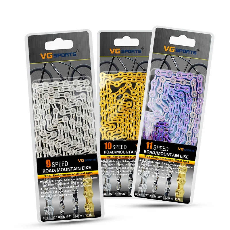 Wholesale Bicycle Parts High Quality VG Bicycle Chains 8 9 10 11 Speed Hollow MTB mountain Road Bike Chains, Silver/gold/titanium nitride
Wholesale Bicycle Parts High Quality VG Bicycle Chains 8 9 10 11 Speed Hollow MTB mountain Road Bike Chains, Silver/gold/titanium nitride