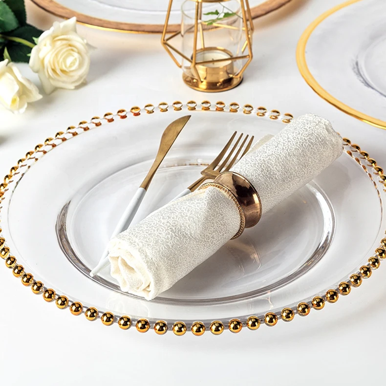 

Luxury 8.25" 10.5" 12.5" Dinner Under Plate Decorative Glass Gold Beaded Chargers Plates for Wedding, Clear