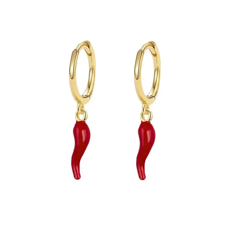 

Women Hoop Dangle Italian Horn Cornicello Earring Red Hot Chilli Pepper Earrings Stainless Steel Fashion Chilli Charm Earrings