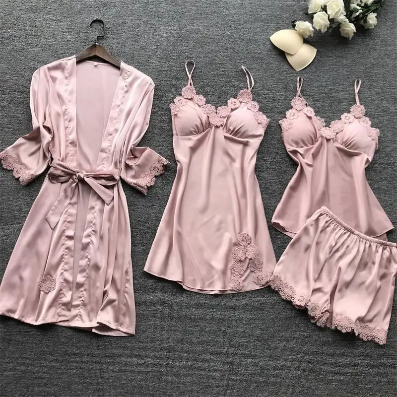 High Quality Women Four Piece Pajamas Set Silk Nightgowns Cozy Sleep Robe Set Ladies Elegant Lounge Wear 4 PCS Satin Pyjamas, Picture show
High Quality Women Four Piece Pajamas Set Silk Nightgowns Cozy Sleep Robe Set Ladies Elegant Lounge Wear 4 PCS Satin Pyjamas, Picture show