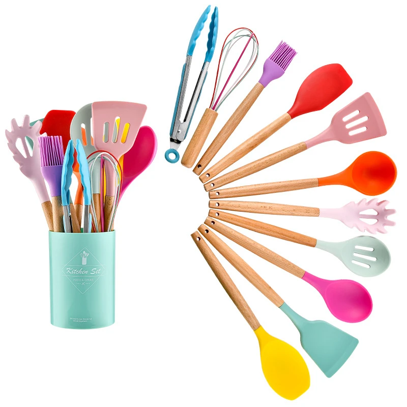 

12 Pieces Heat Resistant Cookware Kitchenware Accessories Wood Handle Silicone Utensils Set For Cooking, Customized color