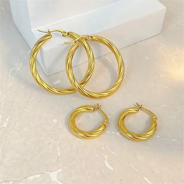 

Fashion punk stainless steel plated 18K round twisted wire fried dough twist ear button Huggies hoop earrings for women