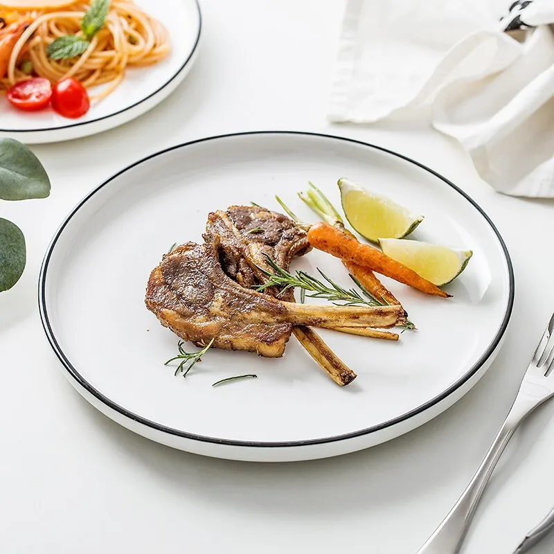New Design Wholesale white round nordic Steak plate japanese style Matte Black Dinnerware Sets for Restaurant western food plate
New Design Wholesale white round nordic Steak plate japanese style Matte Black Dinnerware Sets for Restaurant western food plate
