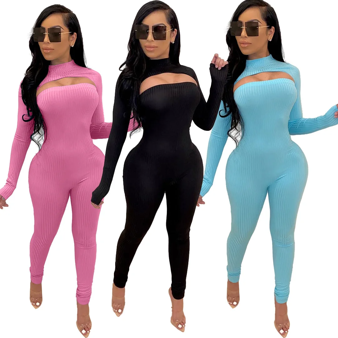 F21169A 2020 Hot selling women's nightclub sexy pit jumpsuit + pullover two-piece set, Pink, black, blue