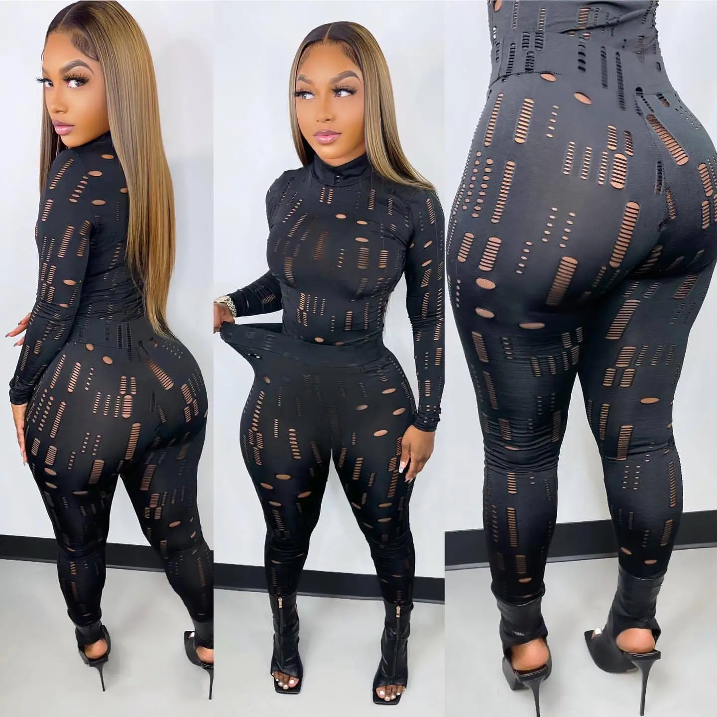 Spring new leisurely women's two piece sets elastic hole high neck long sleeved top and two piece pants, Picture color
Spring new leisurely women's two piece sets elastic hole high neck long sleeved top and two piece pants, Picture color