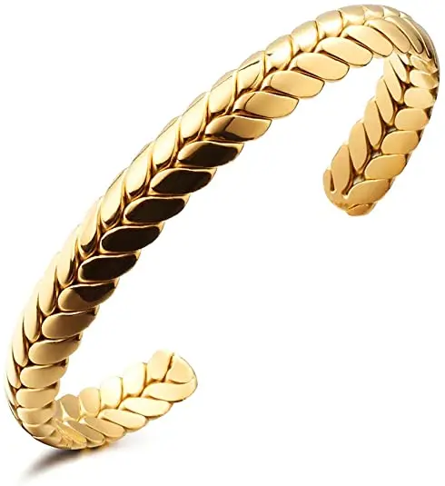 

SC New Gold Plated Wheat Style Bracelet Stainless Steel Braided Twisted Open Cuff Couple Bracelet, Silver gold rose