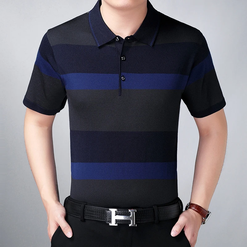 Promotional Cheap Middle Age Slim Fit Striped Short Sleeve Polo T-shirts 
Promotional Cheap Middle Age Slim Fit Striped Short Sleeve Polo T-shirts