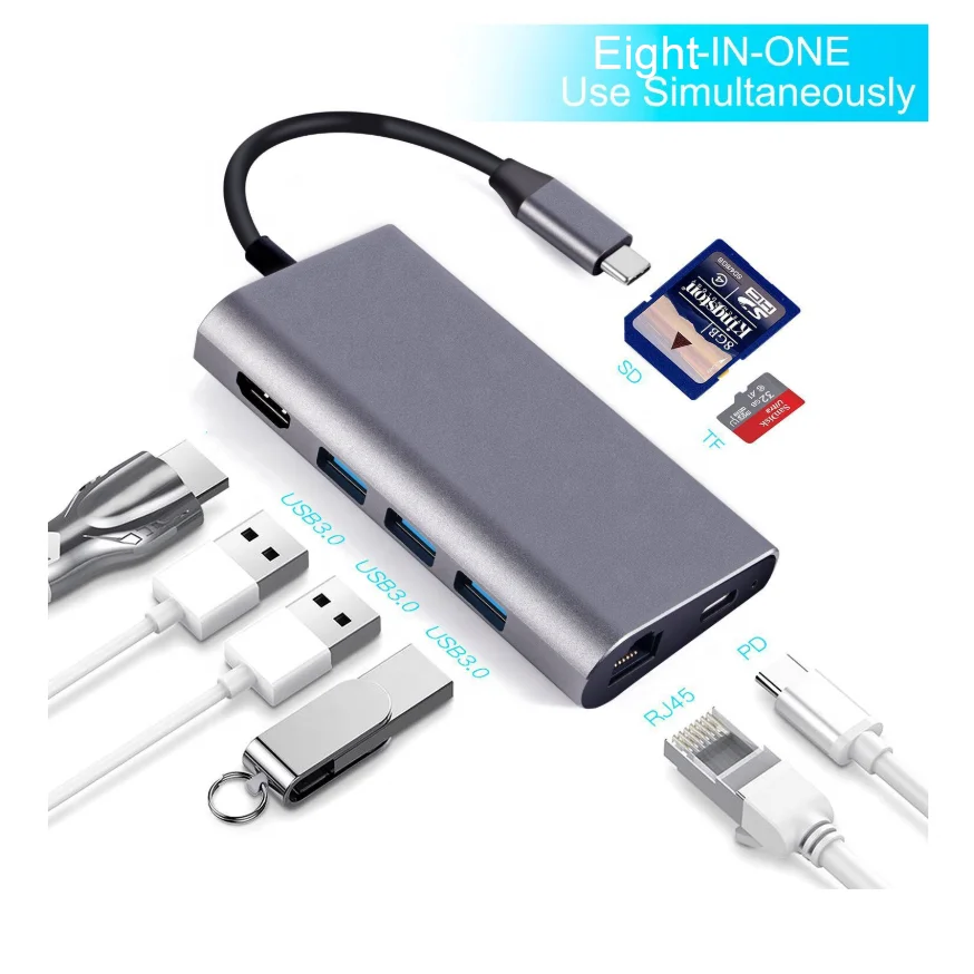 

8 In 1 Multiport USB3.1 Usb C Type C To Hd-mi +3*usb 3.0+ Rj45 Gigabit Ethernet +PD+Sd+tf Card Reader USB HUB Cable Adapter, Silver gray