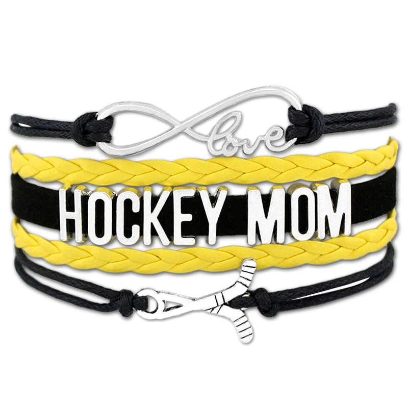 

Factory Custom Made Infinity Love Blues Hockey Player Mom Jewelry Leather Braid Wrap Bracelets for Women, Silver plated