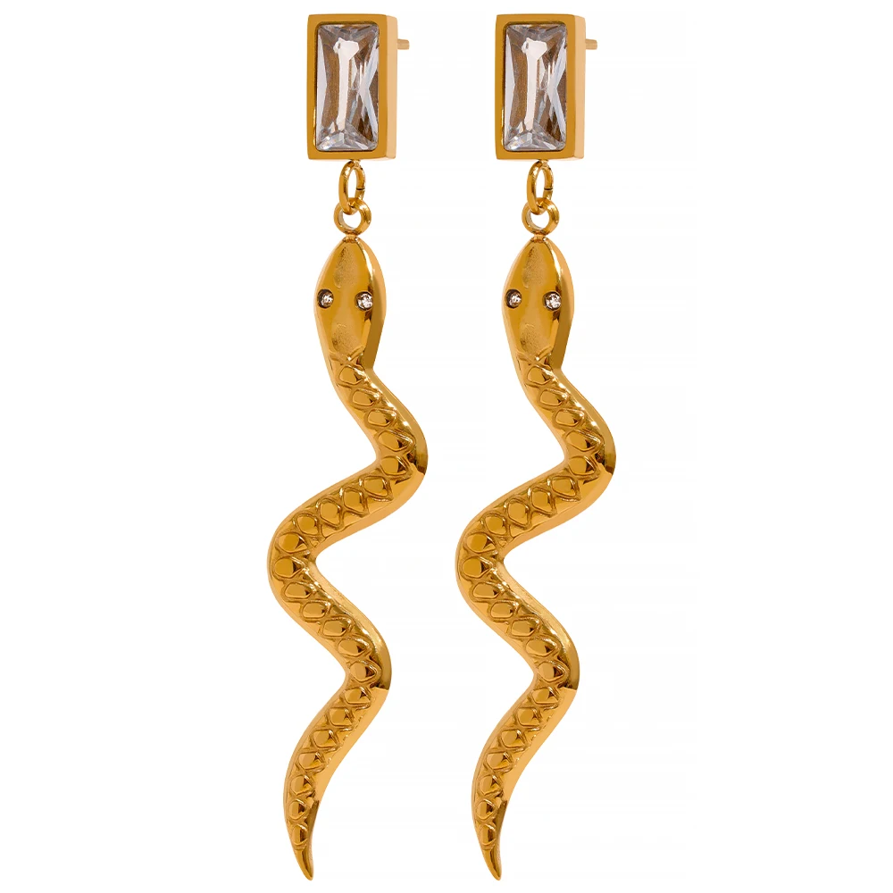 

JINYOU 337 Cubic Zirconia Animal Stainless Steel Snake Pendant Long Drop Dangle Earrings Gold Plated Waterproof Fashion Jewelry