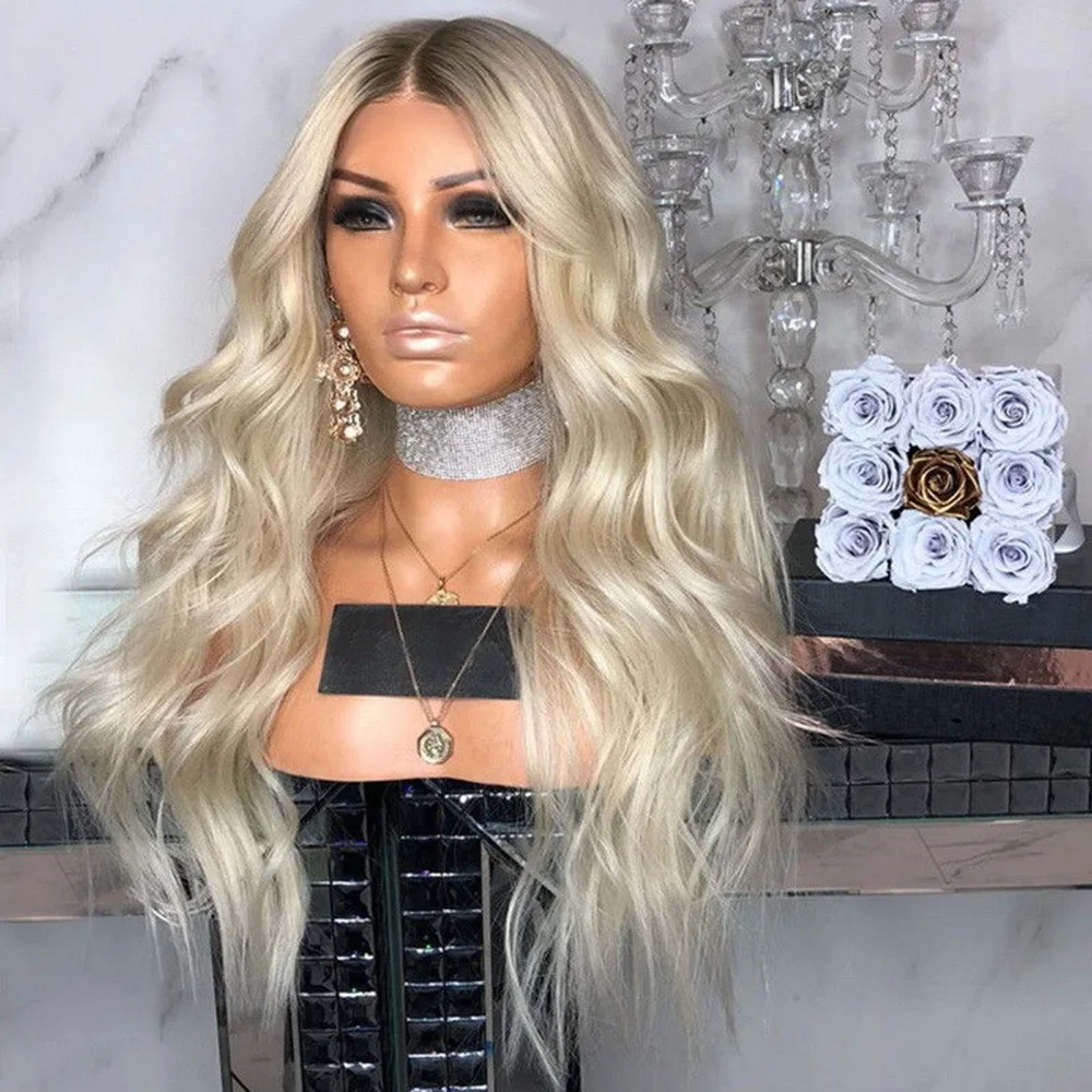 

Natural Long Wavy Honey Blonde Wig Dark Roots Ombre Platinum Blonde Wig Middle Parting Synthetic Replacement Wig