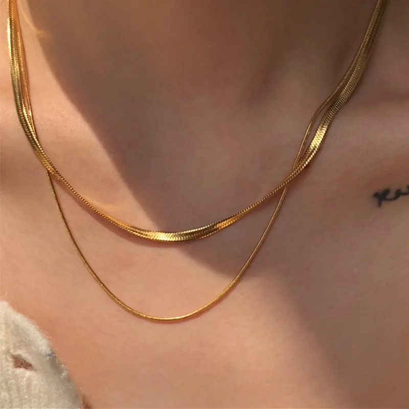 18K gold plated Titanium Double Layer Snake Bone Chain Necklace Gold Silver Color Snake Chain
18K gold plated Titanium Double Layer Snake Bone Chain Necklace Gold Silver Color Snake Chain