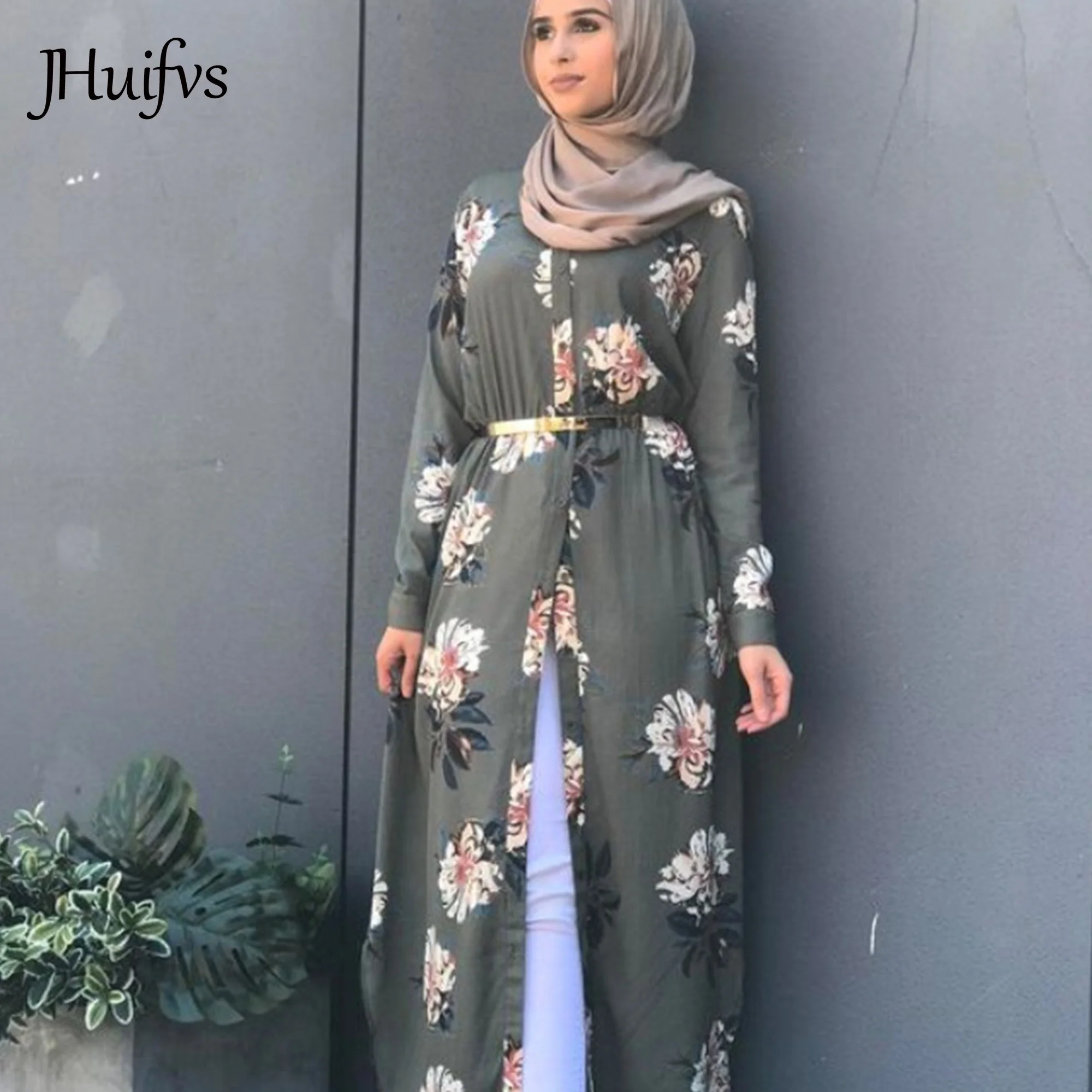 

2020 New Trendy Girls Floral Printed Long Sleeve Open Cardigans Modest Muslimah Dress, 4 colors
