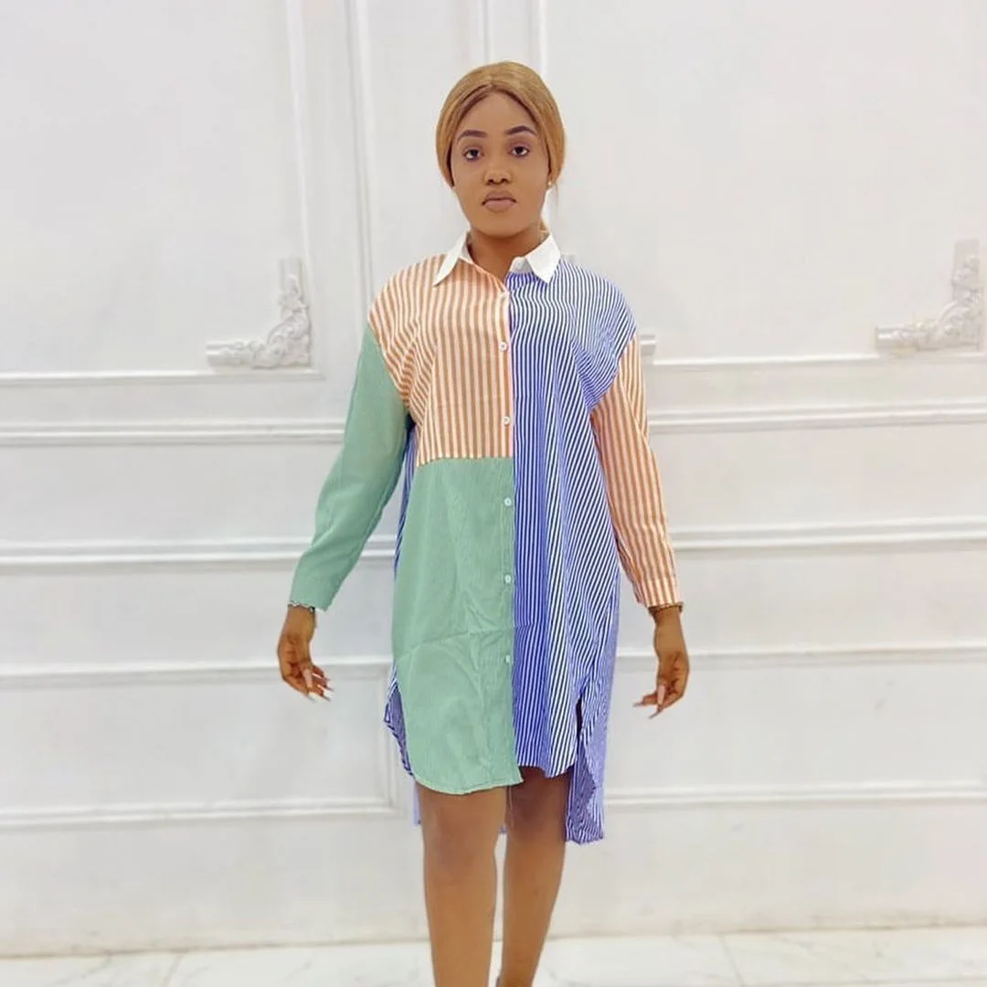 2022 Spring Irregular Hem Colorful Striped Shirt Dress Long Sleeve Womens Casual Dresses, Blue
2022 Spring Irregular Hem Colorful Striped Shirt Dress Long Sleeve Womens Casual Dresses, Blue