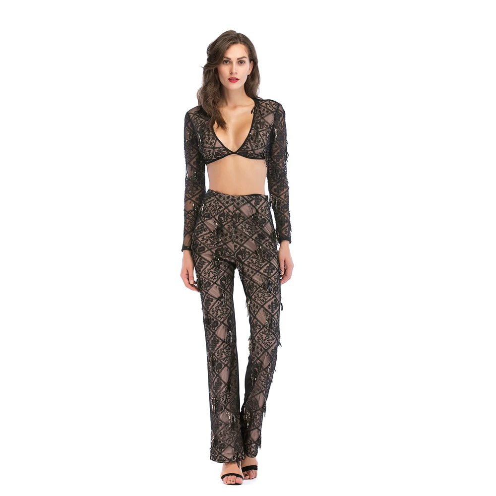 Sexy Long Sleeve Clothing Tassel Lace 2 piece set women spring set, Black
Sexy Long Sleeve Clothing Tassel Lace 2 piece set women spring set, Black