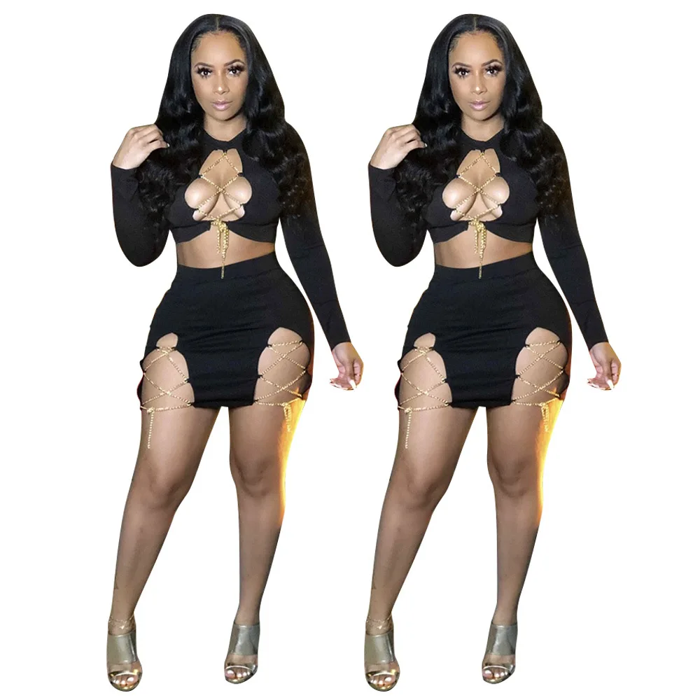 High slit stylish sexy mini dresses elegant night club wear two piece skirt set hollow out bodycon club dresses with chain
High slit stylish sexy mini dresses elegant night club wear two piece skirt set hollow out bodycon club dresses with chain
