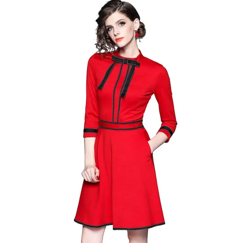 الجملة النساء الربيع جديد أزياء كم الربع الثالث القوس عقدة الأسود و الأحمر اللباس