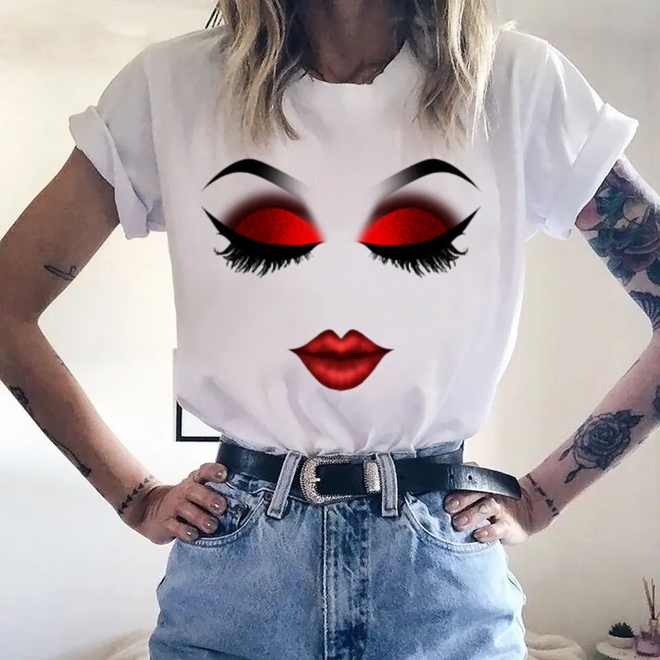 Women Face Makeup Red lip Prints Girls T Shirts Harajuku Casual Aesthetic Tshirt Femme Graphic Hipster Vintage Tee Shirts Women
Women Face Makeup Red lip Prints Girls T Shirts Harajuku Casual Aesthetic Tshirt Femme Graphic Hipster Vintage Tee Shirts Women