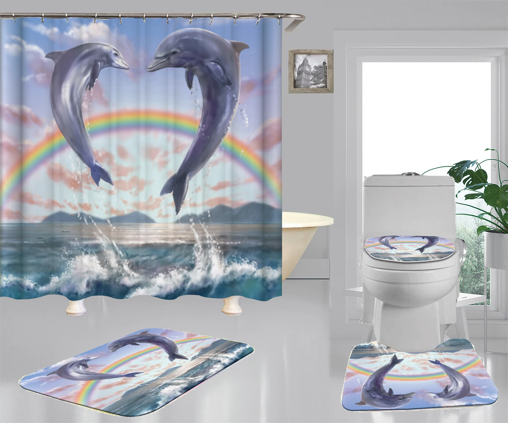 Sweet Dolphins High Quality Printing Toilet Seat Carpet Shower Curtain 
Sweet Dolphins High Quality Printing Toilet Seat Carpet Shower Curtain