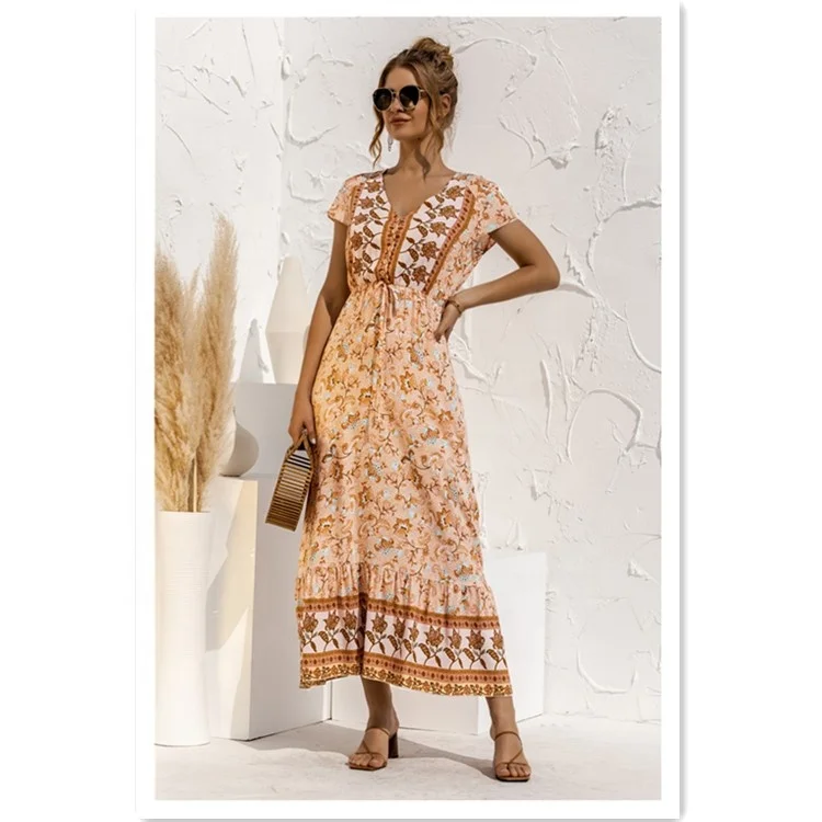 Amazon Top Selling V Neck Short Sleeve Buttons Elastic Adjustable Waist Floral Print Bohemia Maxi Lady Dress
Amazon Top Selling V Neck Short Sleeve Buttons Elastic Adjustable Waist Floral Print Bohemia Maxi Lady Dress