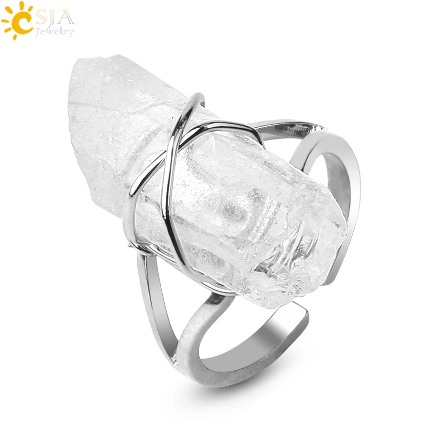 CSJA irregular natural stone silver color wire wrapped crystal pillar open ring for women G455
CSJA irregular natural stone silver color wire wrapped crystal pillar open ring for women G455