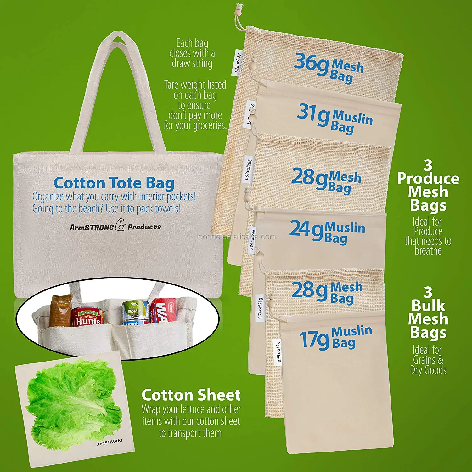 organic reusable farmers market grocery shopping bag set