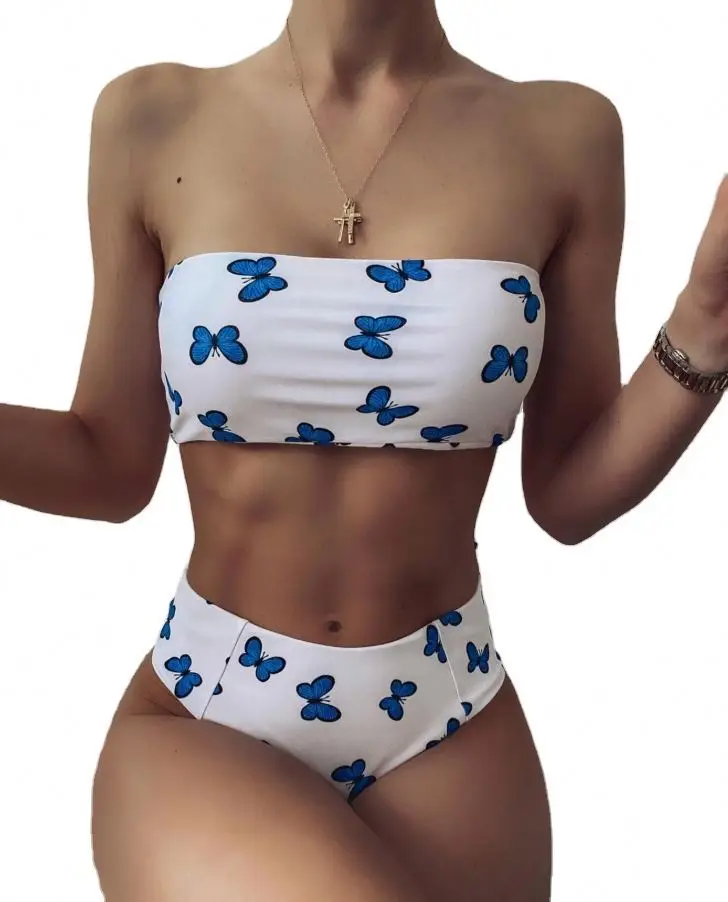 

New Arrival Summer Stylish Ladies Bandeau Sling Bikini Sexy Butterfly Printing Two Piece Swimwear, As picture