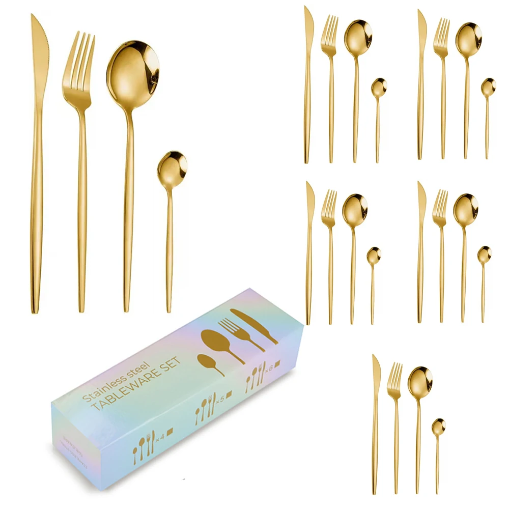 24 Piece Cutlery Set Flatware Spoon and Forks Knives, Stainless Steel Gold Cutlery 24pcs Set
24 Piece Cutlery Set Flatware Spoon and Forks Knives, Stainless Steel Gold Cutlery 24pcs Set