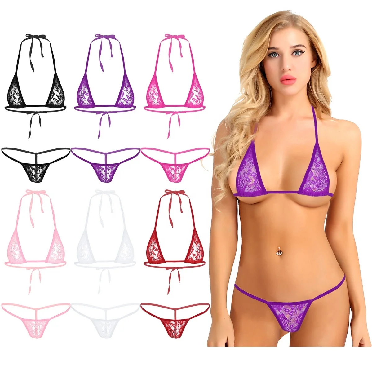 2Pcs Lace See Through Sheer Halterneck Mini Micro Bikini Bra Top with G-String Briefs Underwear Women Lingerie Set, White red pink black purple rose
2Pcs Lace See Through Sheer Halterneck Mini Micro Bikini Bra Top with G-String Briefs Underwear Women Lingerie Set, White red pink black purple rose