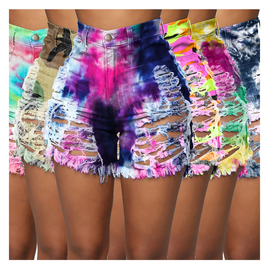 

2021 New Trendy Women Distressed Denim Jeans Shorts Stretch Hollow Button Tie Dye Printed Ripped Jeans Shorts, As show