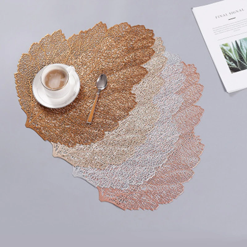 Leaf Pattern Creative Design Hollow Out Gold Stamping Tecnique Table Mat for Hotel Banque PVC Light Dining Table Mat Heat Resist, Gold,silver,brown,pink
Leaf Pattern Creative Design Hollow Out Gold Stamping Tecnique Table Mat for Hotel Banque PVC Light Dining Table Mat Heat Resist, Gold,silver,brown,pink