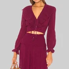 cute pink girls sexy crop top v neck long sleeve womens blouse shirt with bow ruffles cape autumn winter spring
