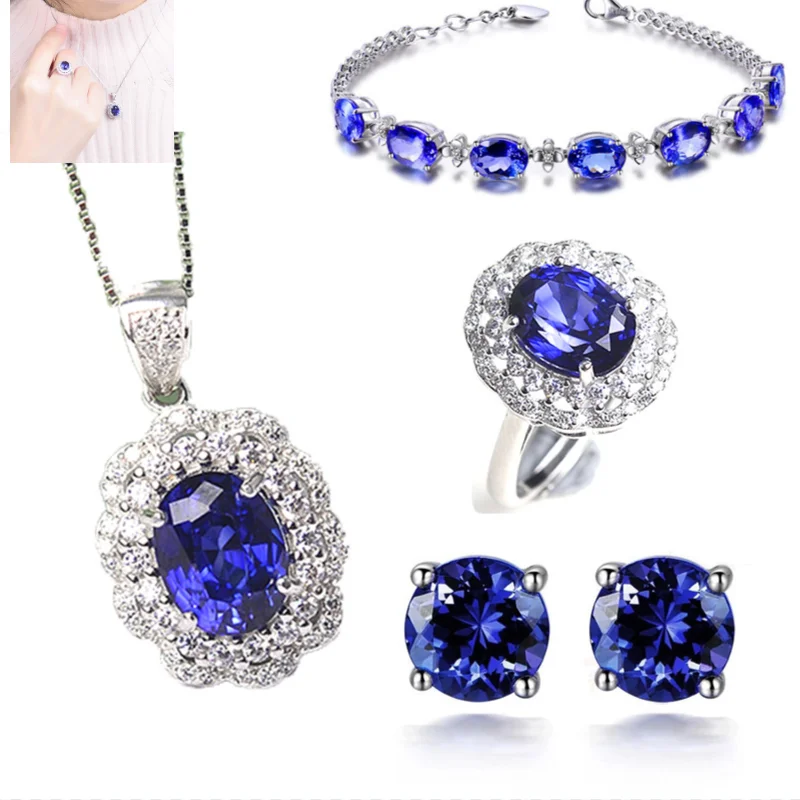 Diamond Set Colorful Bracelet Tanzania Petal Ring European and American Blue Crystal Pendant Four Claw Blue Ear Stud Jewelry Set
Diamond Set Colorful Bracelet Tanzania Petal Ring European and American Blue Crystal Pendant Four Claw Blue Ear Stud Jewelry Set