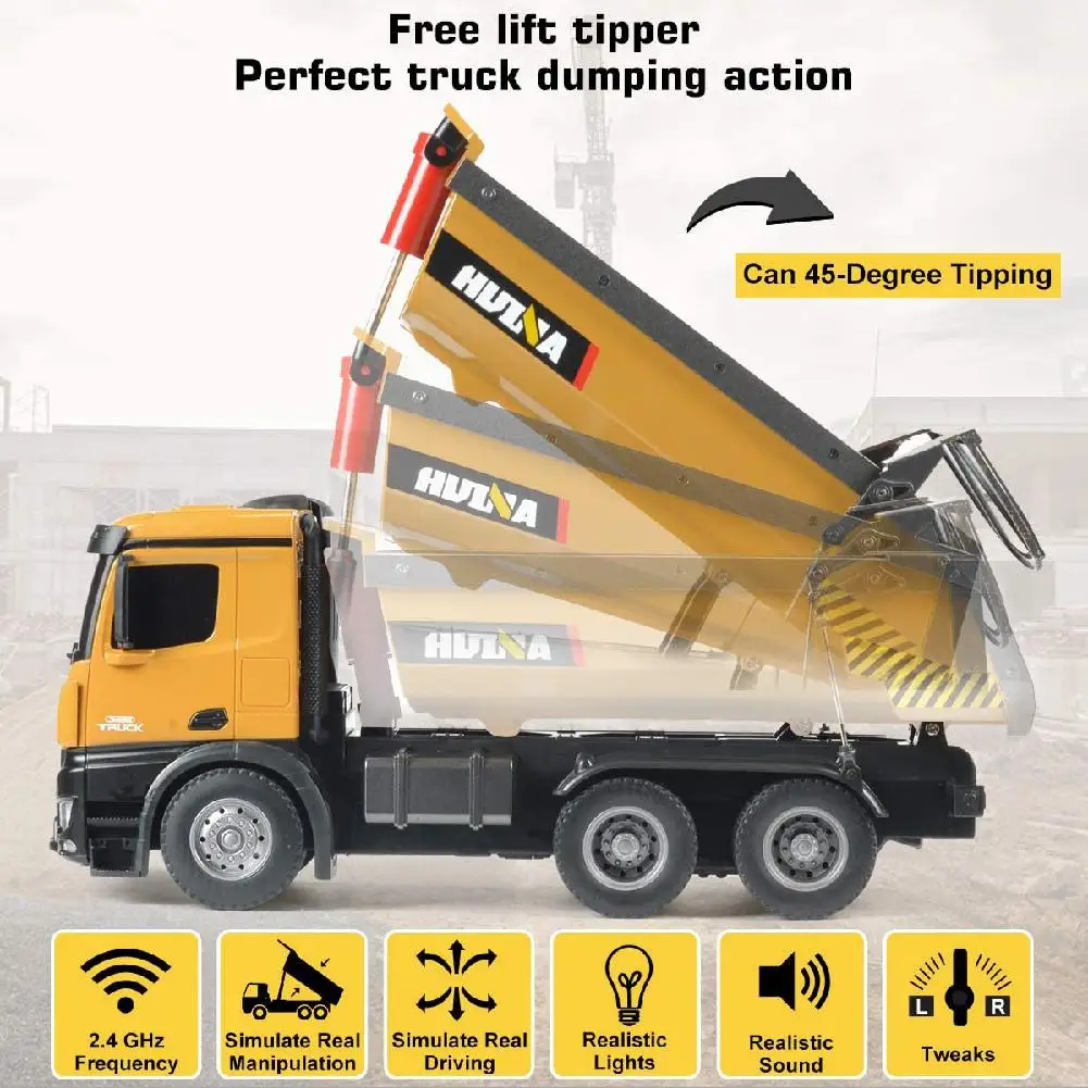 HUINA 1573 1/14 10CH Alloy RC Dump Trucks Engineering Construction Car Remote Control Vehicle Toy RTR RC Truck Gift for Boy