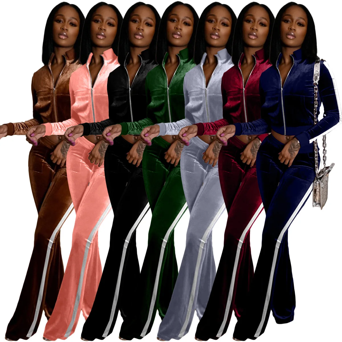 New Arriival women two piece fall sets custom logo two piece sport jogging sets clothing rib bell-bottom pants velour tracksuit, Picture shows
New Arriival women two piece fall sets custom logo two piece sport jogging sets clothing rib bell-bottom pants velour tracksuit, Picture shows