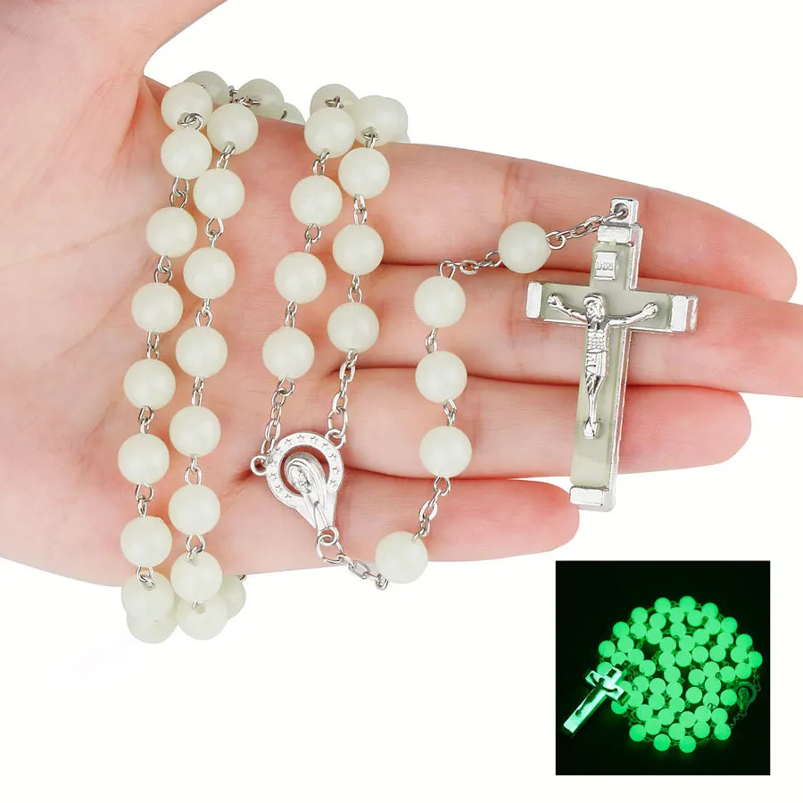 

8mm Charm Cross Beads Necklace Long Beaded Necklaces INRI Crucifix Luminous Rosary Glow In The Dark Religious Necklaces
