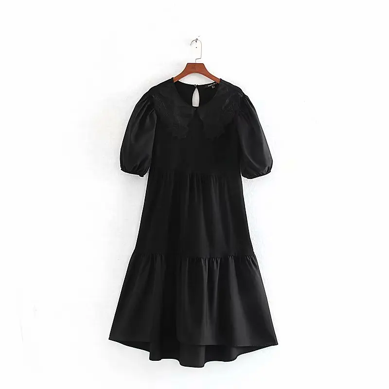 Black color lace patchwork peter pan collar half sleeve wholesale women casual dress 
Black color lace patchwork peter pan collar half sleeve wholesale women casual dress