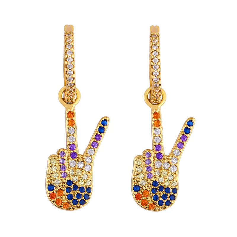 Gold Plated Rainbow CZ Finger Victory Gesture Clip on Hoop Earring Colorful Zirconia Finger Victory Shape Dangle Earrings
Gold Plated Rainbow CZ Finger Victory Gesture Clip on Hoop Earring Colorful Zirconia Finger Victory Shape Dangle Earrings