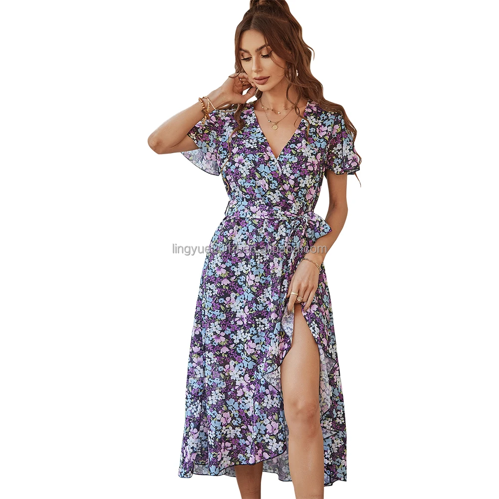 2022 summer new V-neck short sleeve printed elegant dress high waist sexy irregular vacation skirt polyester, 4 colors
2022 summer new V-neck short sleeve printed elegant dress high waist sexy irregular vacation skirt polyester, 4 colors