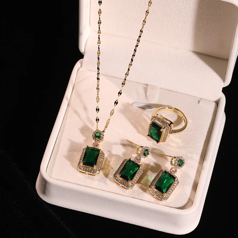 Luxury 18K Gold Plated Emerald Green Necklace Earrings Ring Set Stainless Steel Chain Emerald Zircon Jewelry Set For Women
Luxury 18K Gold Plated Emerald Green Necklace Earrings Ring Set Stainless Steel Chain Emerald Zircon Jewelry Set For Women