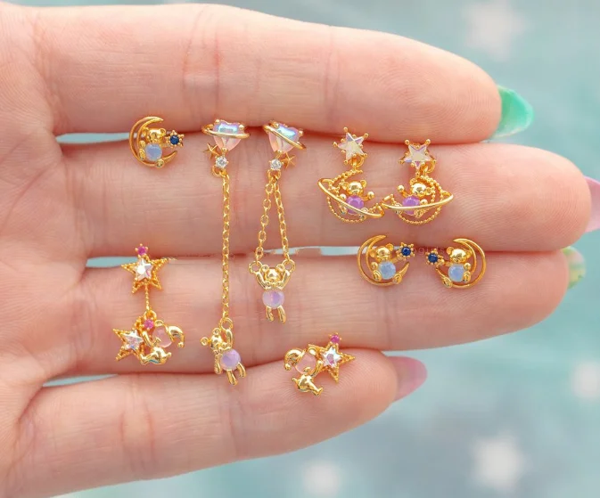 Creative new star and moon bear earrings pure copper plated 18K real gold zircon earrings explosion earrings wholesale jewelry, Colorful
Creative new star and moon bear earrings pure copper plated 18K real gold zircon earrings explosion earrings wholesale jewelry, Colorful