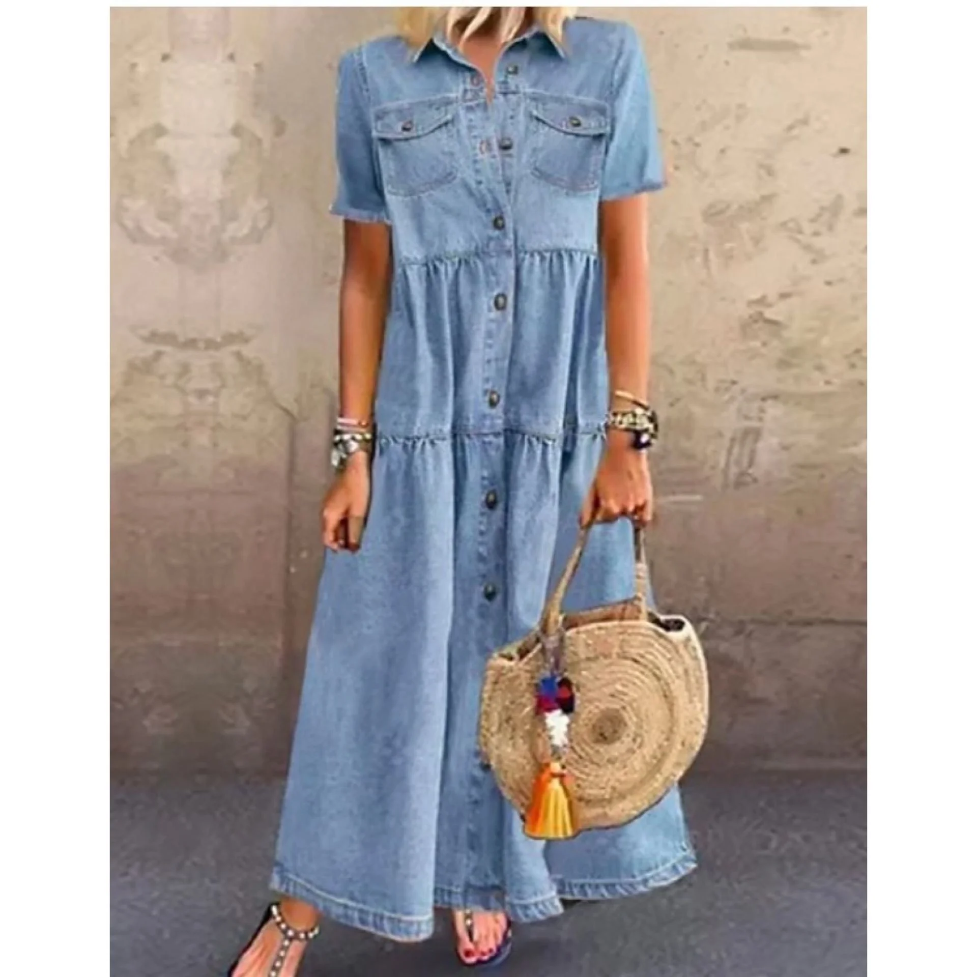 T435 Denim Dress Retro Women Short Sleeve Turn Down Collar Pockets clothing Button dress Long Loose Denim Dress Pockets
T435 Denim Dress Retro Women Short Sleeve Turn Down Collar Pockets clothing Button dress Long Loose Denim Dress Pockets
